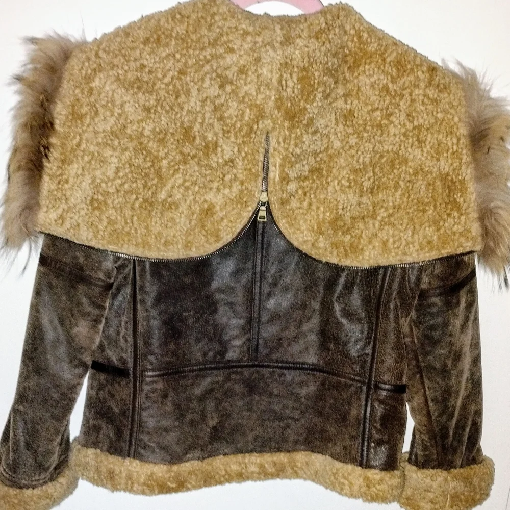 a.n.a Brown Faux-Leather Bomber Jacket with Faux-Shearling Trim